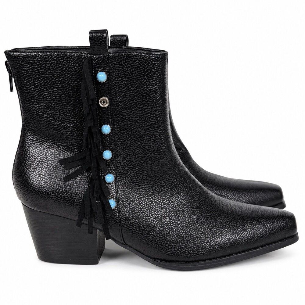 Crazy Train Ankle Boots Womens Size 9 Black Western Fringe Turquoise Stud Leathe